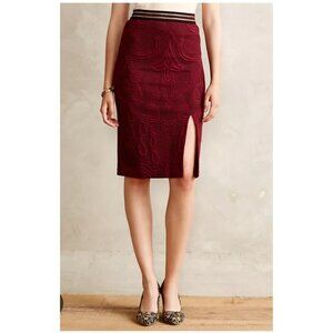Maeve Burgundy Pencil Skirt Medium Wine Slit Jacquard‎ Damask Pullon Office